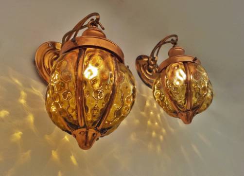 Antique Art Noveau/Arts & Crafts copper & glass wall lights, 1920`s ca, English